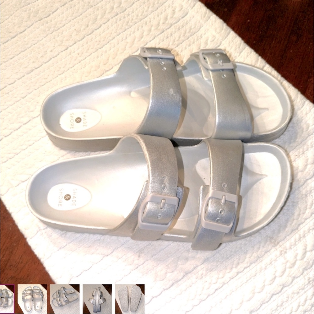 Shade & Shore Silver Slide Sandals Adjustable straps 8 Ladies new